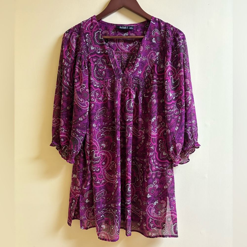 a.n.a. Paisley Purple Pink Black White Women's Top w/Camisole Size 1X Pre-Loved